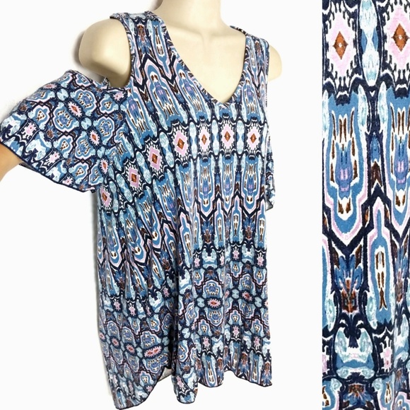 FINN & GRACE Cold Shoulder V Neck Ikat Print Top S - Picture 1 of 8